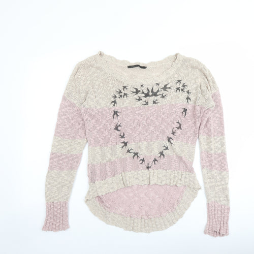 Crafted Womens Pink Round Neck Striped Cotton Pullover Jumper Size 12 - Heart