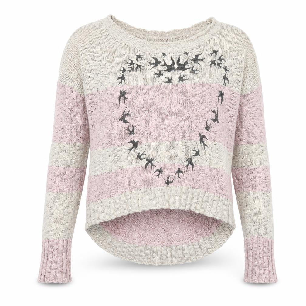 Front view of Crafted women’s pink round neck striped cotton jumper, size UK 12, - heart