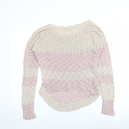 Crafted Womens Pink Round Neck Striped Cotton Pullover Jumper Size 12 - Heart
