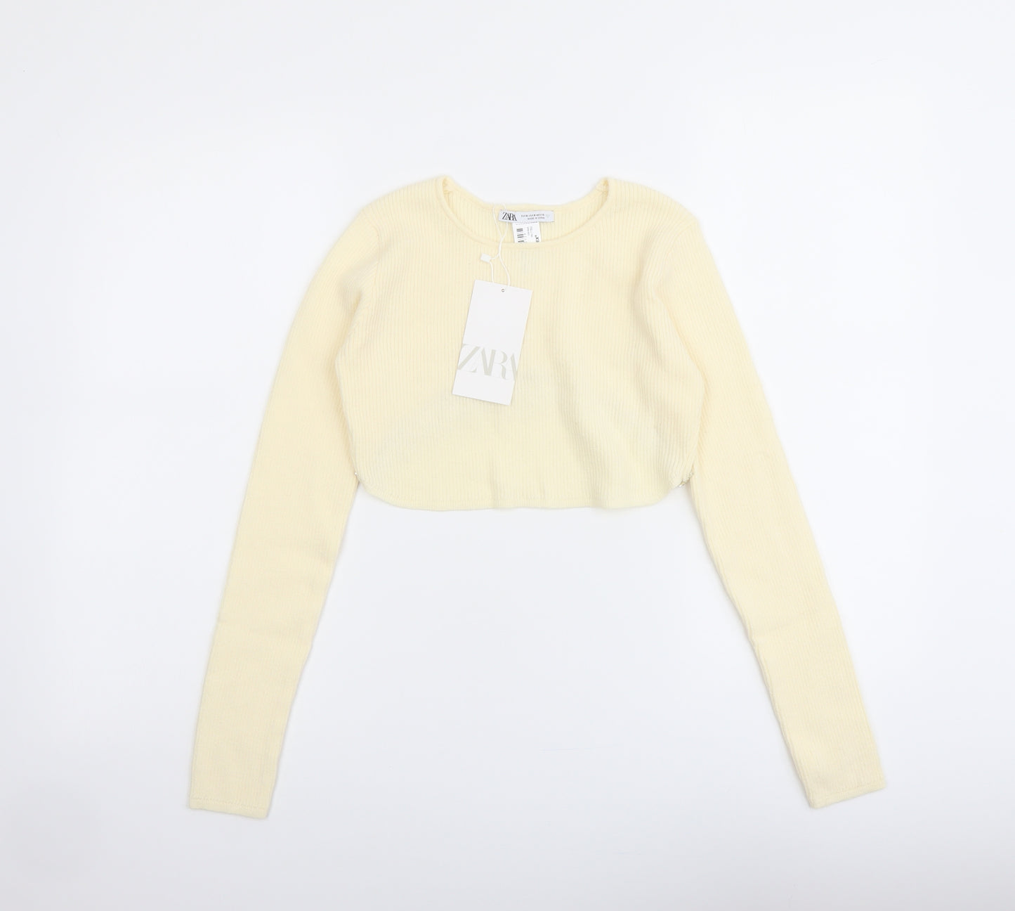 Zara Womens Ivory Polyester Cropped Blouse Size S Round Neck