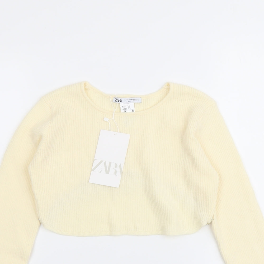 Zara Womens Ivory Polyester Cropped Blouse Size S Round Neck