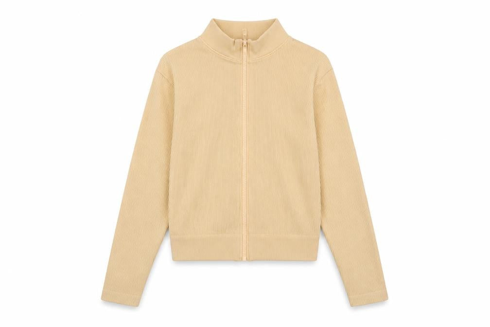 Front view of PRETTYLITTLETHING women’s beige polyamide full zip sweatshirt, size M, zip