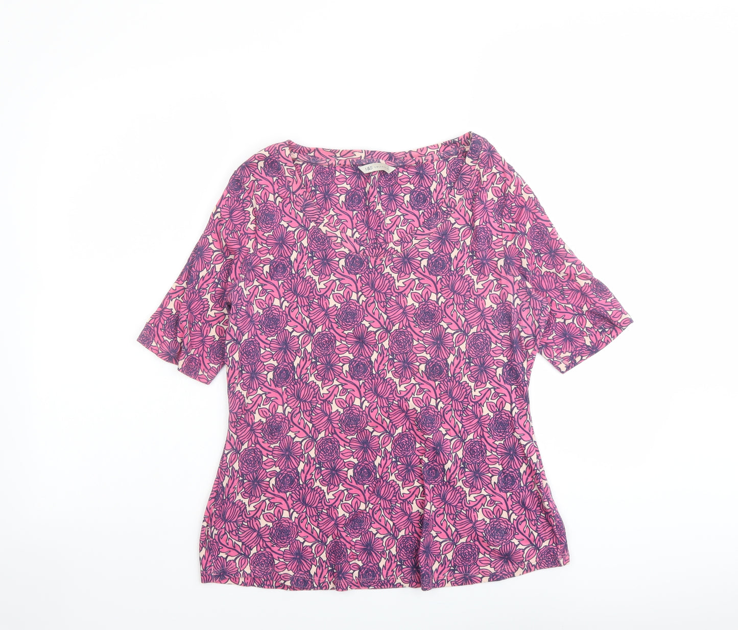 Marks and Spencer Womens Purple Floral Cotton Basic Blouse Size 14 Round Neck
