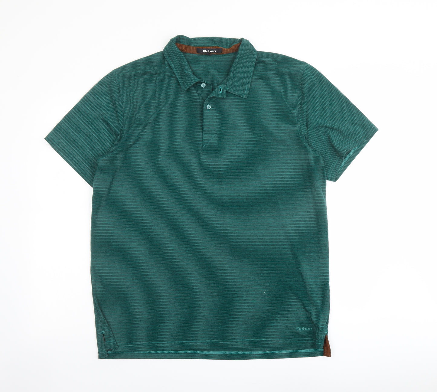 Rohan Mens Green Striped Polyester Polo Size L Collared Button