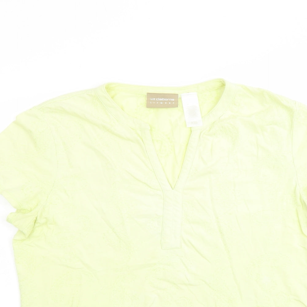 Liz Claiborne Womens Green Floral Cotton Basic T-Shirt Size L V-Neck