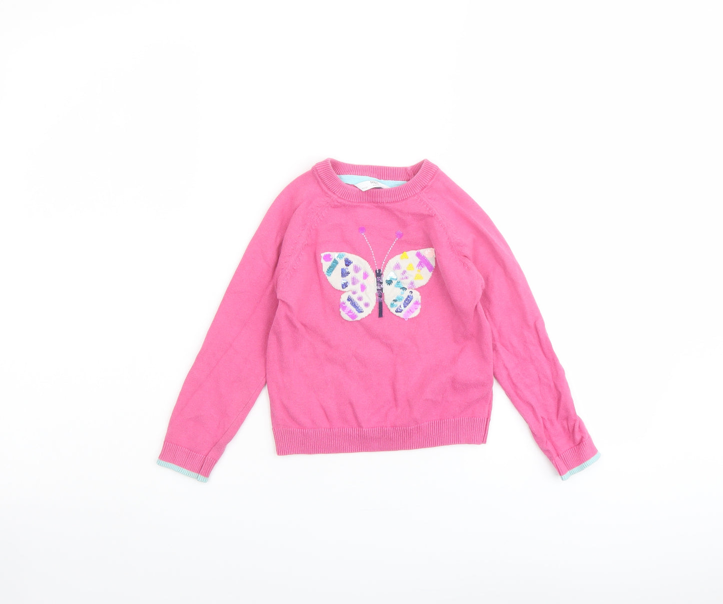 Marks and Spencer Girls Pink Round Neck Cotton Pullover Jumper Size 4-5 Years Pullover - Butterfly Print