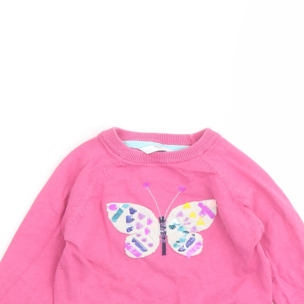 Marks and Spencer Girls Pink Round Neck Cotton Pullover Jumper Size 4-5 Years Pullover - Butterfly Print