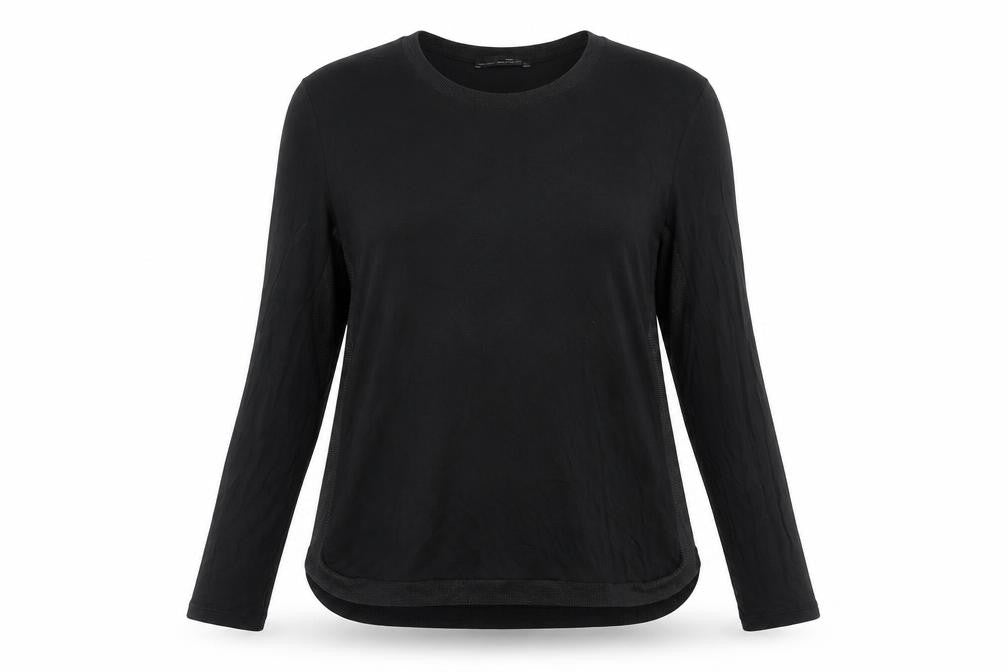 Front view of Zara women’s black polyester basic blouse, size M, round neck - mesh panels