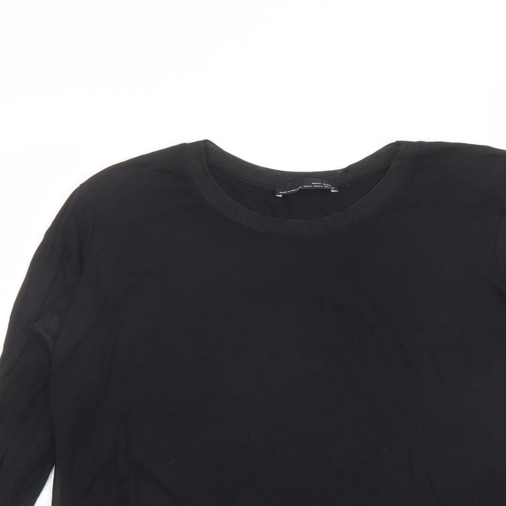 Zara Womens Black Polyester Basic Blouse Size M Round Neck - Mesh Panels