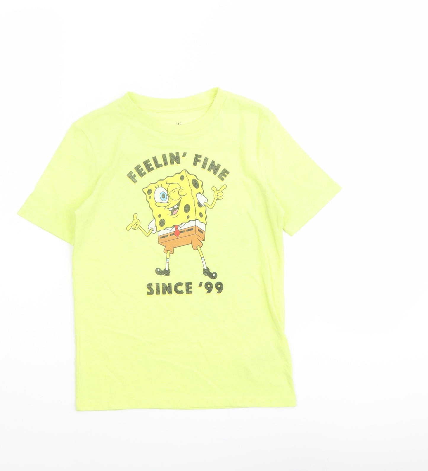 Gap Boys Yellow Cotton Basic T-Shirt Size 6-7 Years Round Neck Pullover - SpongeBob SquarePants