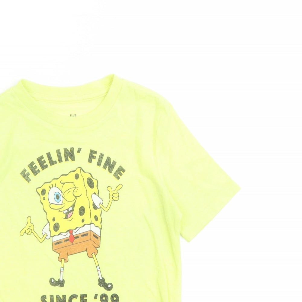 Gap Boys Yellow Cotton Basic T-Shirt Size 6-7 Years Round Neck Pullover - SpongeBob SquarePants