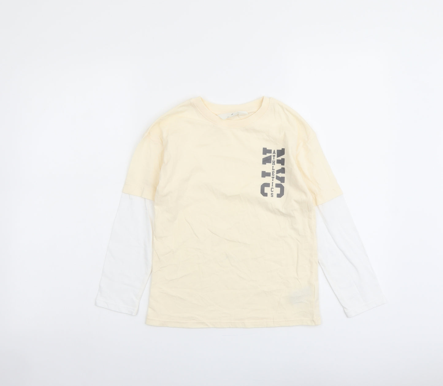 H&M Boys Ivory Cotton Basic T-Shirt Size 6-7 Years Round Neck Pullover - NYC Athletics
