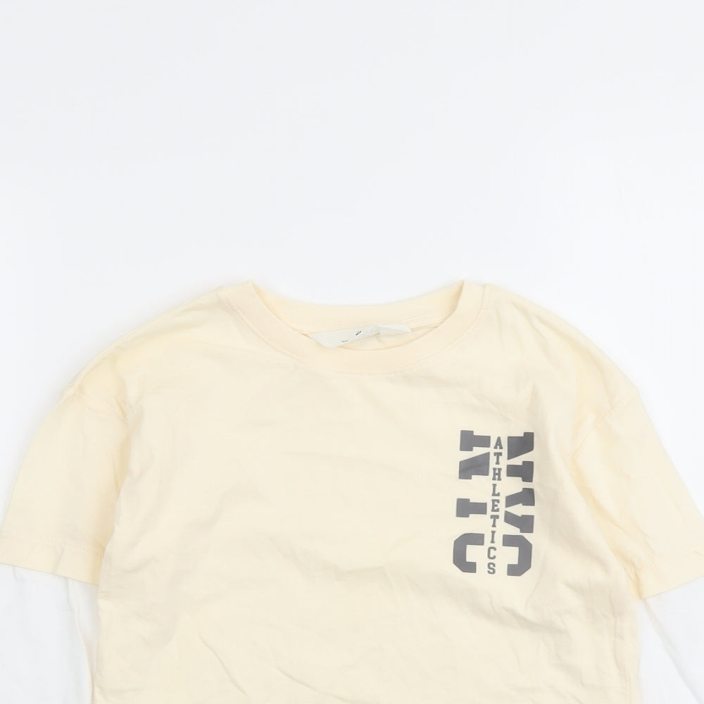 H&M Boys Ivory Cotton Basic T-Shirt Size 6-7 Years Round Neck Pullover - NYC Athletics