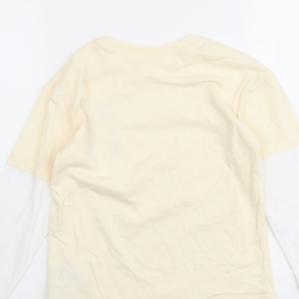 H&M Boys Ivory Cotton Basic T-Shirt Size 6-7 Years Round Neck Pullover - NYC Athletics