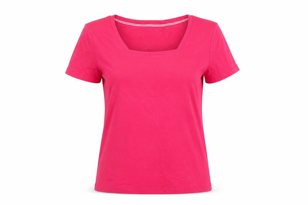 Front view of Bonmarché women’s pink cotton basic t-shirt, size M, square neck