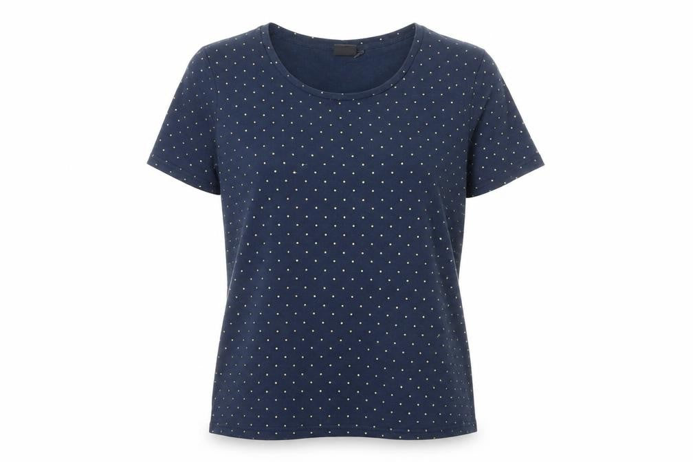 Front view of ICHI women’s blue polka dot polyester basic tank, size M, round neck