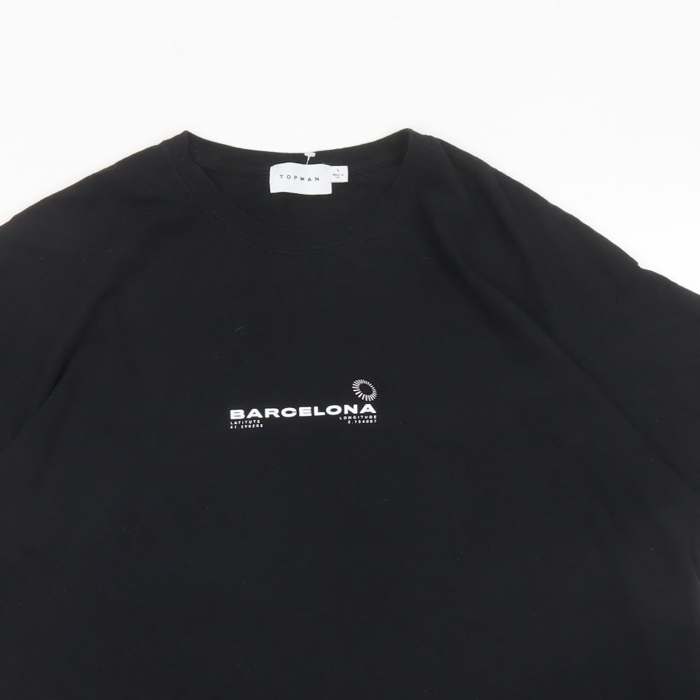 Topman Mens Black Cotton T-Shirt Size L Crew Neck - Barcelona
