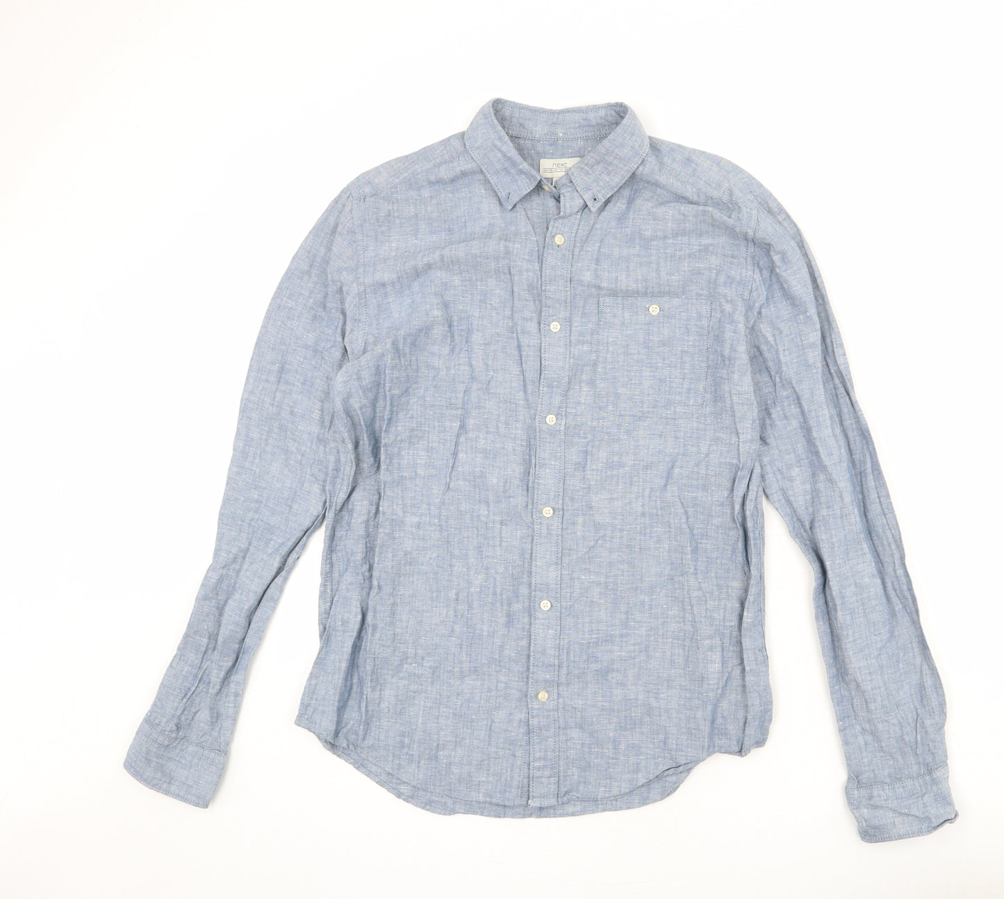 NEXT Mens Blue Linen Button-Up Size M Collared Button