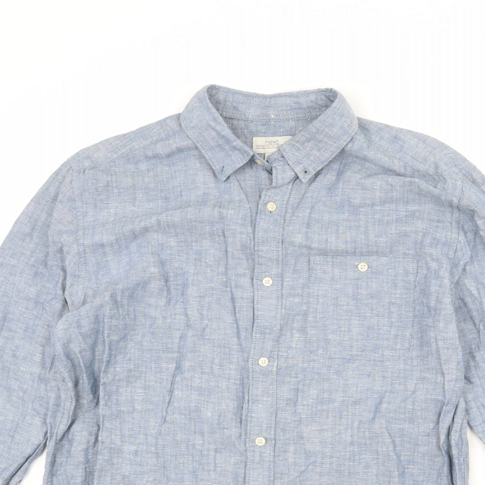 NEXT Mens Blue Linen Button-Up Size M Collared Button