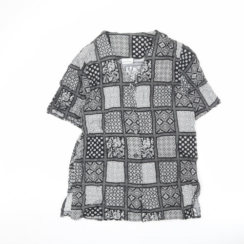 Essentials Womens Black Geometric Viscose Basic Button-Up Size 14 V-Neck