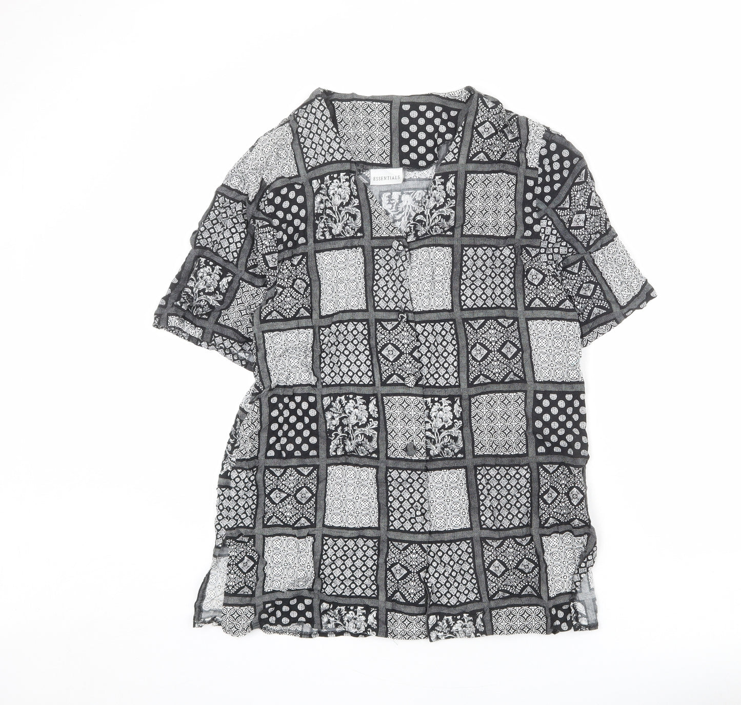 Essentials Womens Black Geometric Viscose Basic Button-Up Size 14 V-Neck