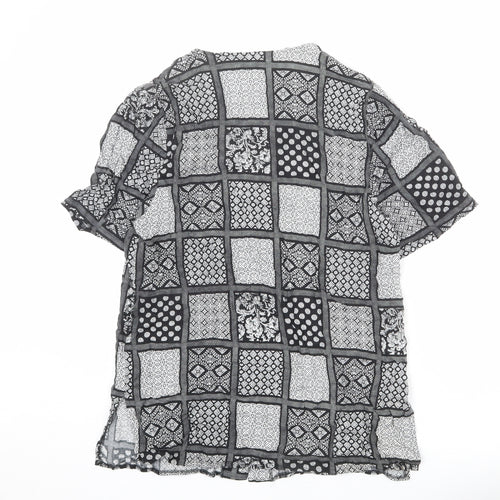 Essentials Womens Black Geometric Viscose Basic Button-Up Size 14 V-Neck