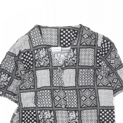 Essentials Womens Black Geometric Viscose Basic Button-Up Size 14 V-Neck
