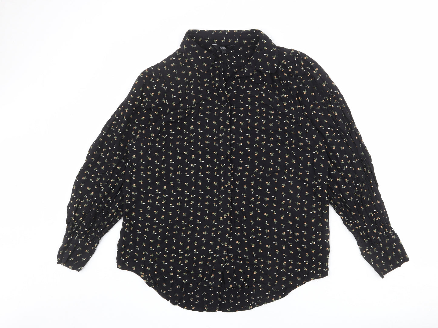 NEXT Womens Black Floral Viscose Basic Button-Up Size 16 Collared