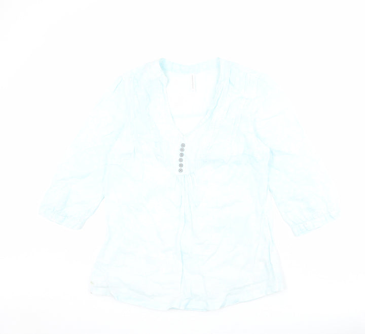 Marks and Spencer Womens Blue Geometric Linen Basic Blouse Size 10 V-Neck