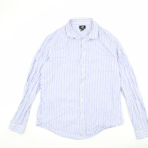 H&M Mens Blue Striped Cotton Button-Up Size XL Collared Button