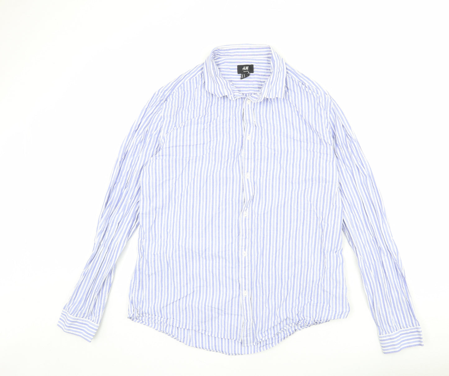 H&M Mens Blue Striped Cotton Button-Up Size XL Collared Button