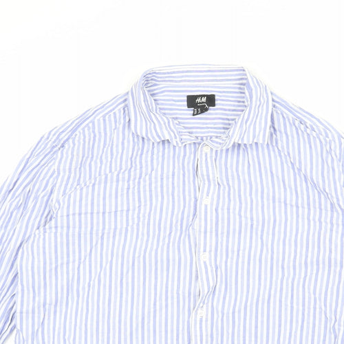 H&M Mens Blue Striped Cotton Button-Up Size XL Collared Button