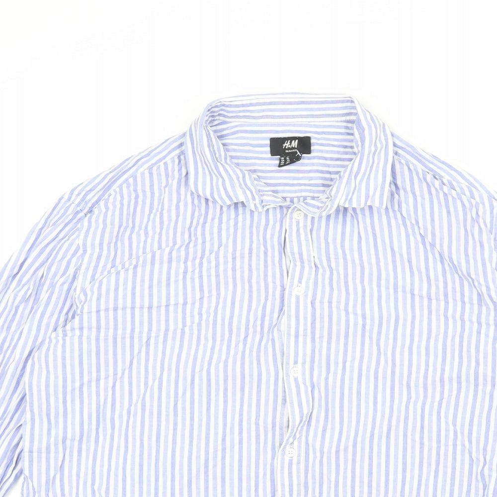 H&M Mens Blue Striped Cotton Button-Up Size XL Collared Button