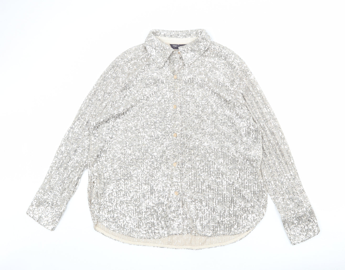 Marks and Spencer Womens Silver Polyester Basic Button-Up Size 14 Collared - Sequin