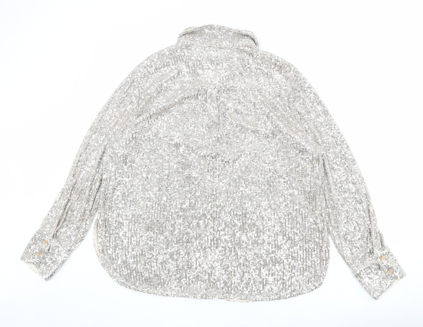 Marks and Spencer Womens Silver Polyester Basic Button-Up Size 14 Collared - Sequin