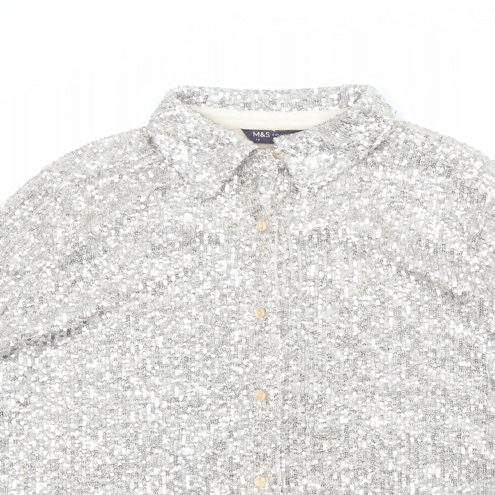 Marks and Spencer Womens Silver Polyester Basic Button-Up Size 14 Collared - Sequin