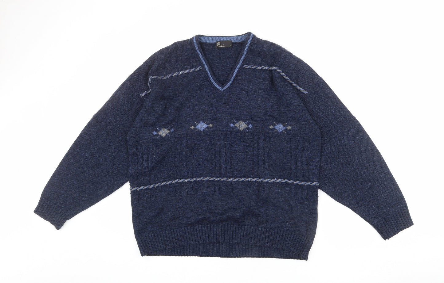 BHS Mens Blue V-Neck Acrylic Pullover Jumper Size S Long Sleeve