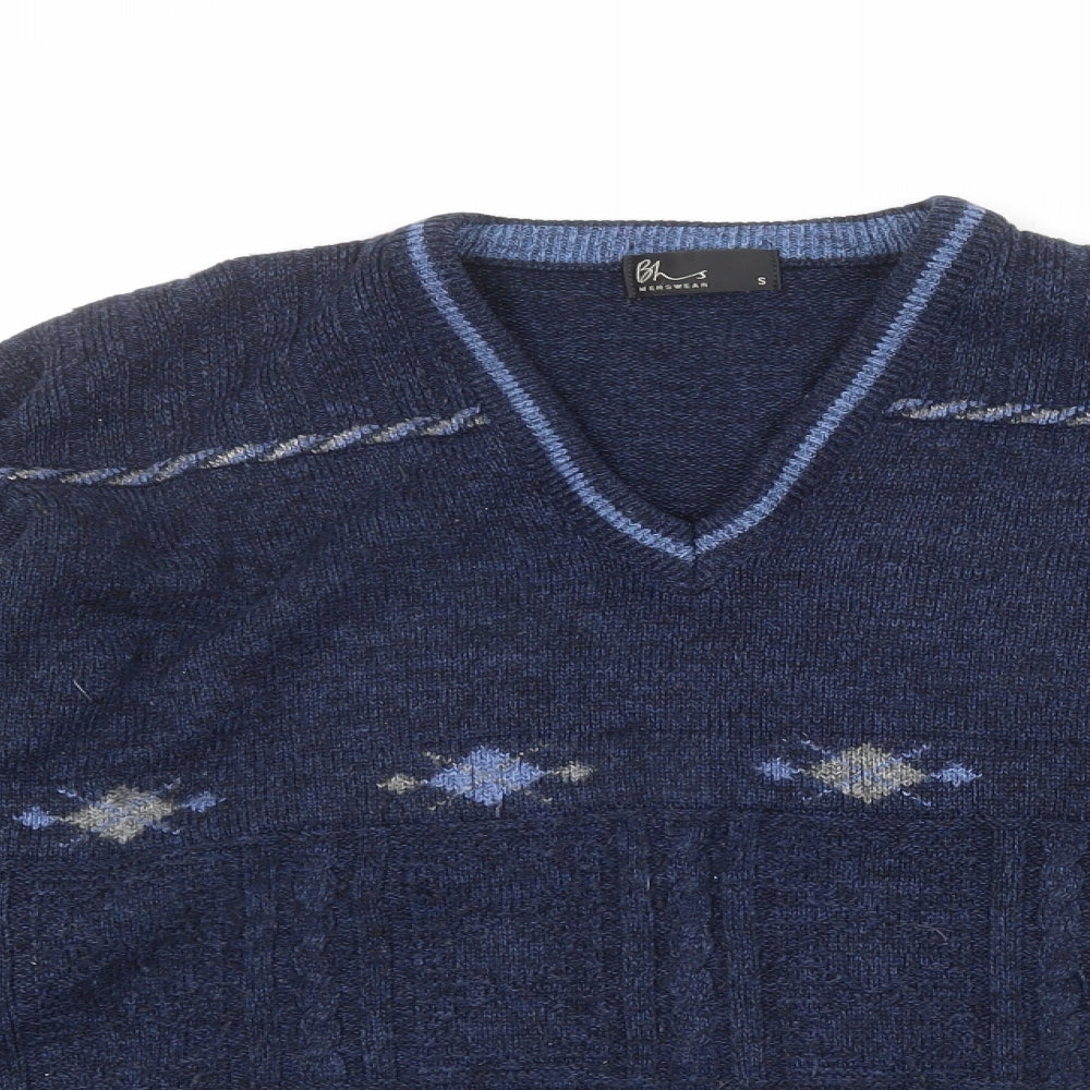 BHS Mens Blue V-Neck Acrylic Pullover Jumper Size S Long Sleeve