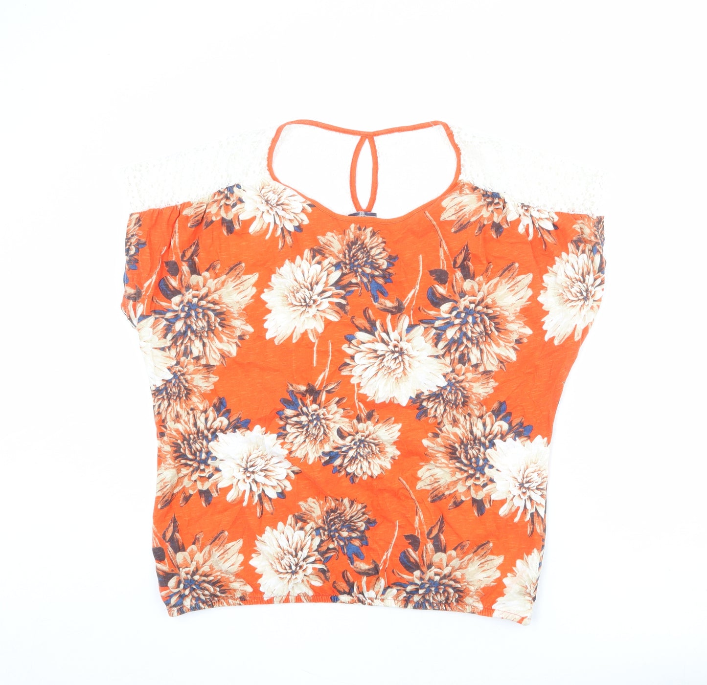 NEXT Womens Orange Floral Cotton Basic T-Shirt Size 16 Round Neck - Lace Details On Back