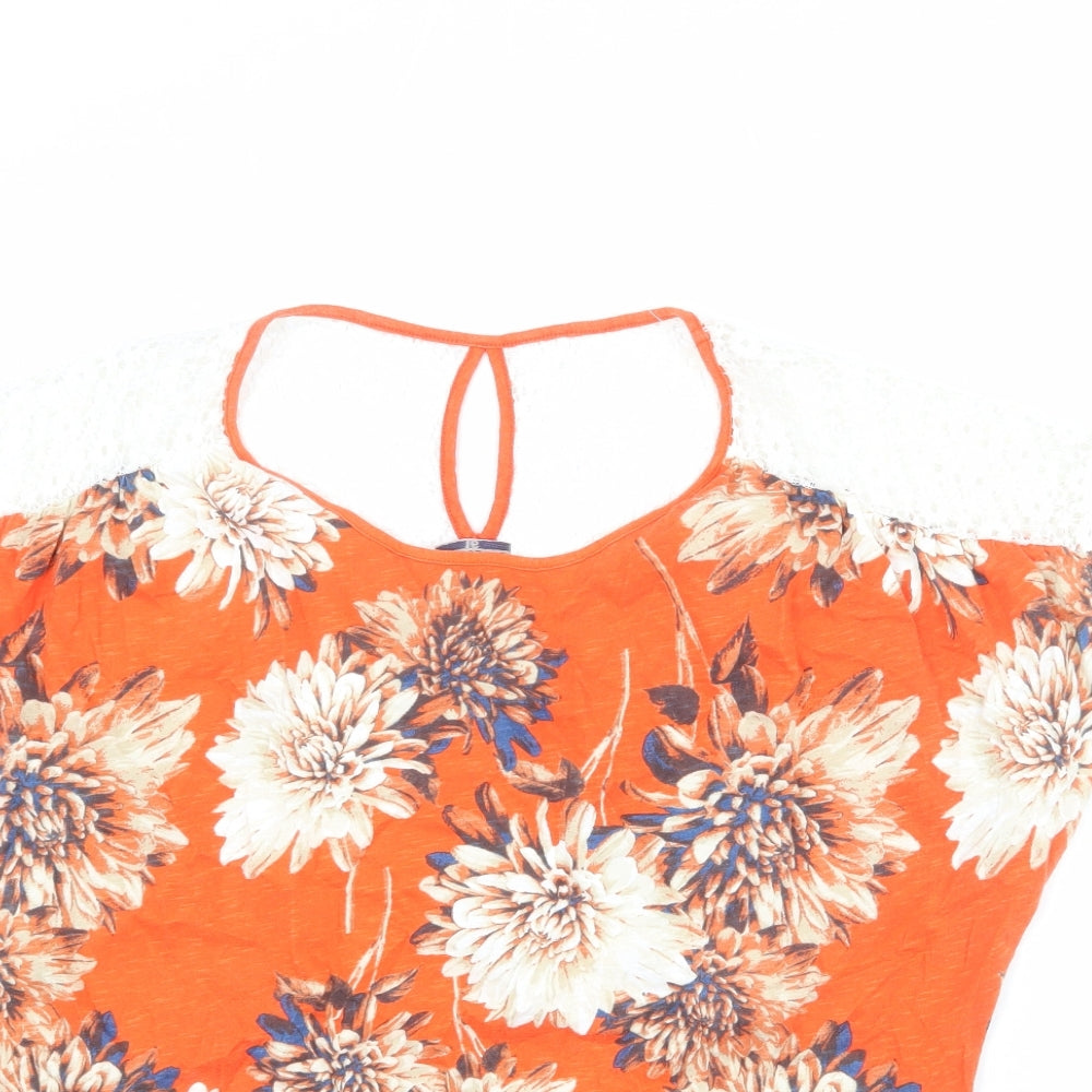 NEXT Womens Orange Floral Cotton Basic T-Shirt Size 16 Round Neck - Lace Details On Back