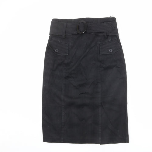 Monsoon Womens Black Striped Cotton Straight & Pencil Skirt Size 12 Zip - Belted