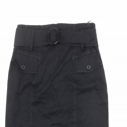 Monsoon Womens Black Striped Cotton Straight & Pencil Skirt Size 12 Zip - Belted