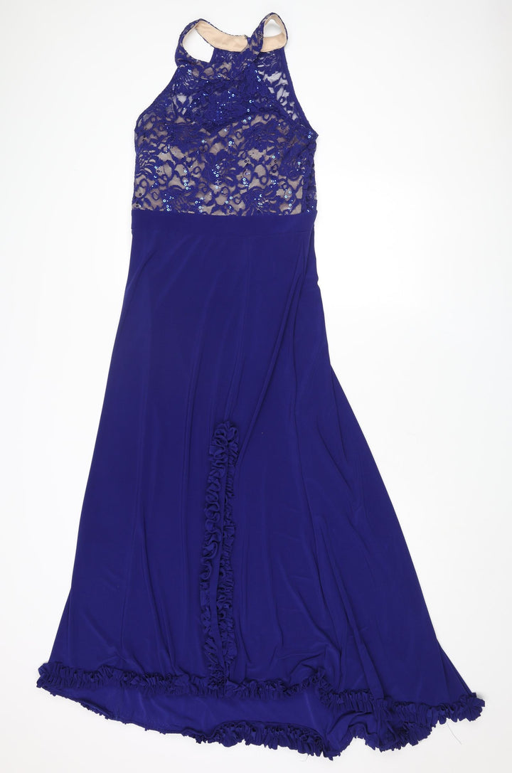 Morgan & Co. Womens Blue Polyester Ball Gown Size 10 Halter Zip - Lace Details
