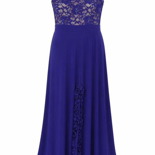 Morgan & Co. Womens Blue Polyester Ball Gown Size 10 Halter Zip - Lace Details