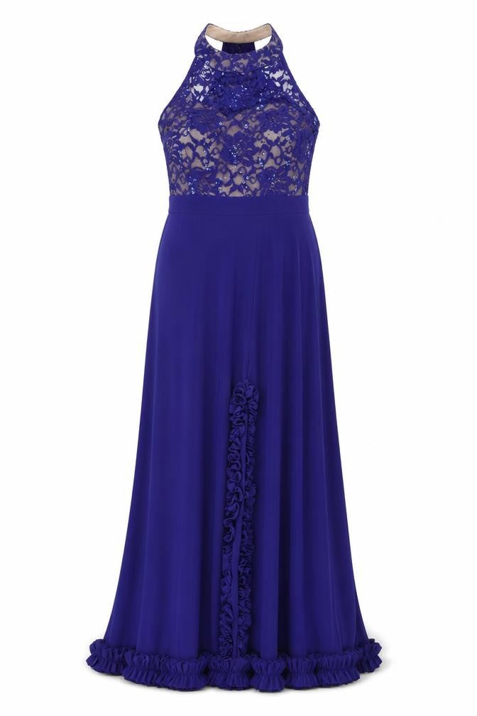 Morgan & Co. Womens Blue Polyester Ball Gown Size 10 Halter Zip - Lace Details
