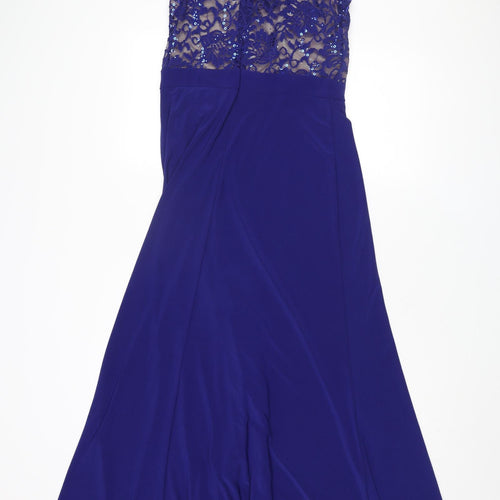 Morgan & Co. Womens Blue Polyester Ball Gown Size 10 Halter Zip - Lace Details