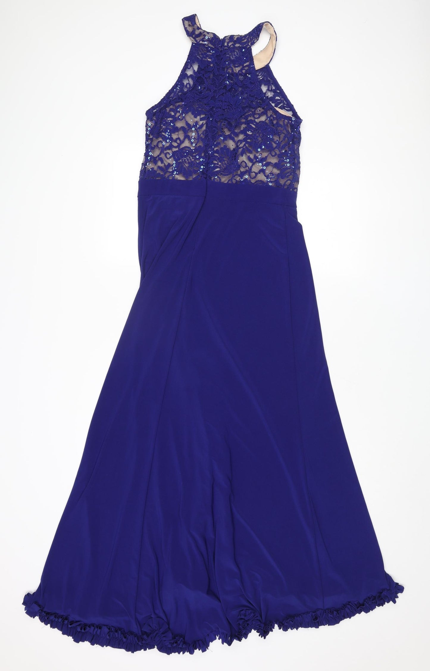 Morgan & Co. Womens Blue Polyester Ball Gown Size 10 Halter Zip - Lace Details