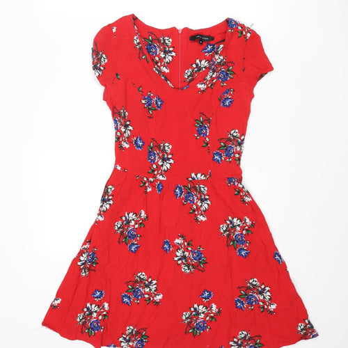 New Look Womens Red Floral Viscose A-Line Size 8 V-Neck Zip