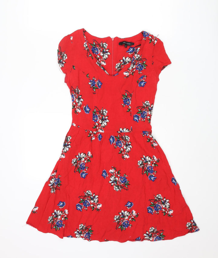 New Look Womens Red Floral Viscose A-Line Size 8 V-Neck Zip