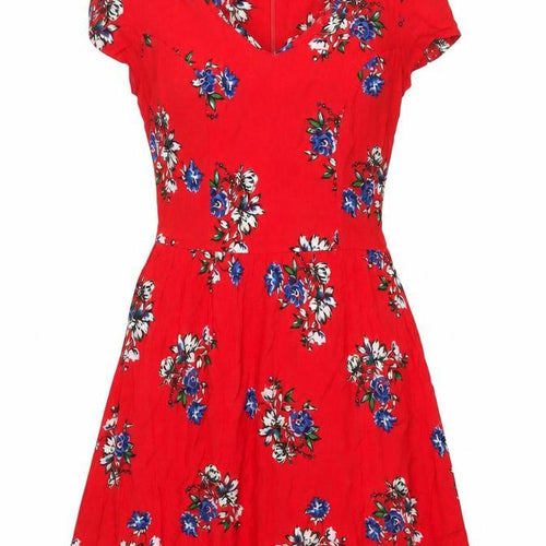 New Look Womens Red Floral Viscose A-Line Size 8 V-Neck Zip